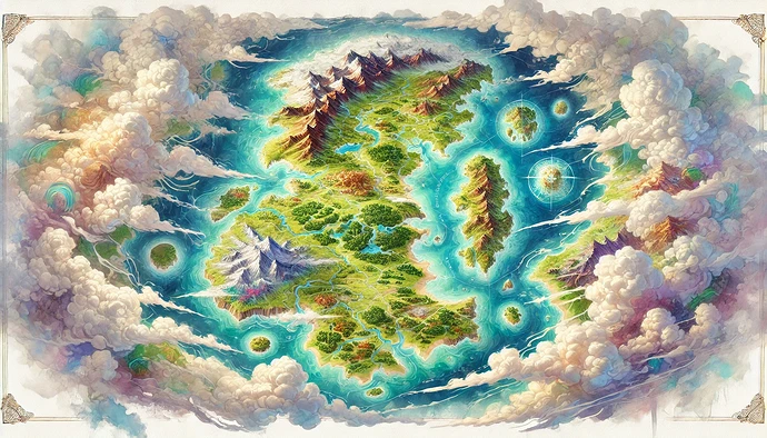A whimsical, colorful fantasy map depicting an archipelago surrounded by swirling clouds and vibrant landscapes. (Captioned by AI)