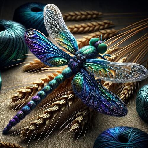 A vibrantly colored dragonfly made of intricately woven thread rests on a bed of wheat stalks, with spools of thread surrounding it. (Captioned by AI)