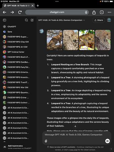 A screenshot shows a web page with a description of four images featuring leopards in trees, along with thumbnails of the images at the top. (Captioned by AI)