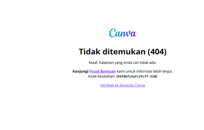 This image is a Canva 404 error page in Indonesian, indicating that the page was not found. (Captioned by AI)