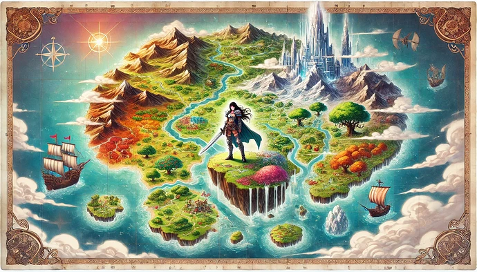 A fantasy map features a central hero with a sword, surrounded by lush landscapes, mountains, a grand castle, and ships sailing near floating islands. (Captioned by AI)