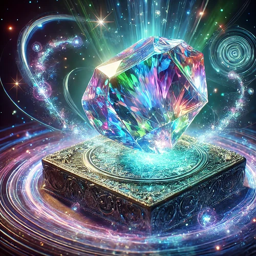 A vibrant, glowing crystal emits colorful, magical energy as it rests atop an ornate pedestal. (Captioned by AI)