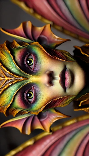 A person with vibrant, fantasy-inspired makeup and costume, featuring colorful scales and wing-like structures, gazes intensely. (Captioned by AI)
