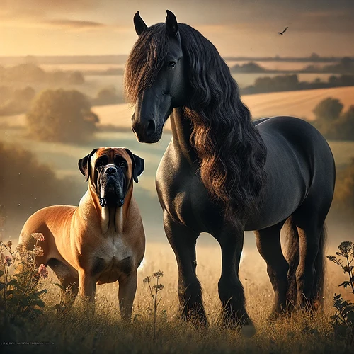 A large black horse with a flowing mane stands beside a fawn-colored dog in a sunlit, grassy field with rolling hills in the background. (Captioned by AI)