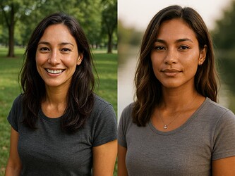The image shows two women with dark hair wearing grey t-shirts, standing outdoors in natural settings. (Captioned by AI)