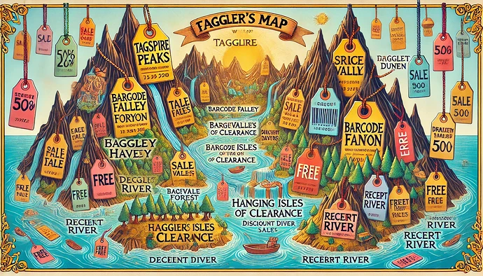 This whimsical map creatively depicts a landscape with features named after shopping-related terms, such as "Tags," "Sales," and "Barcodes." (Captioned by AI)