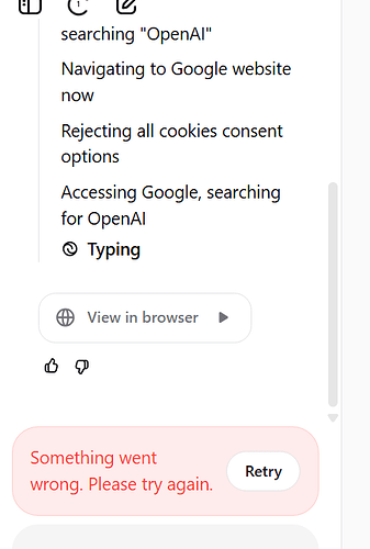 A chat or AI interface displays a conversation about searching for OpenAI on Google, ending with an error message in red stating 'Something went wrong. Please try again.' and a 'Retry' button. (Captioned by AI)