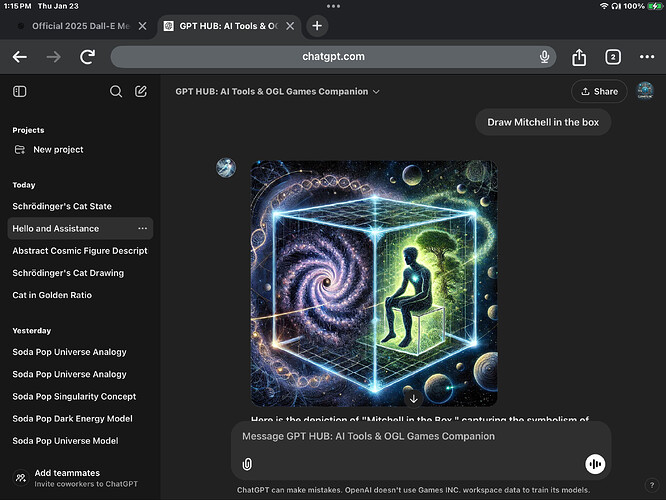 A digital artwork depicts a person sitting inside a transparent cube against a cosmic backdrop with swirling galaxies and glowing planets. (Captioned by AI)