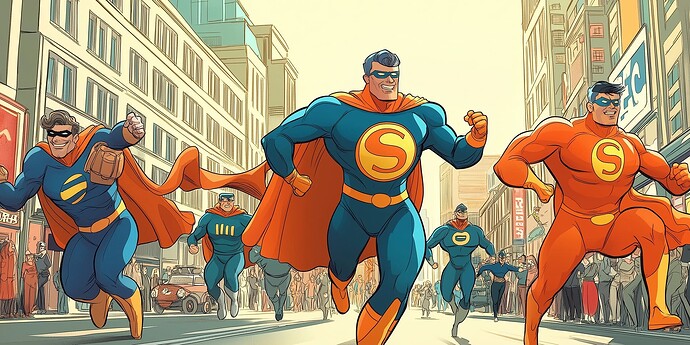 A group of colorful, cartoon-style superheroes with capes and masks run energetically down a busy city street while bystanders watch in the background. (Captioned by AI)
