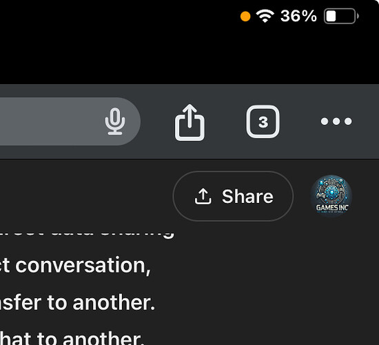 A mobile screen displays a web page with a battery level of 36%, an orange location icon, and a "Games Inc" logo next to a "Share" button. (Captioned by AI)