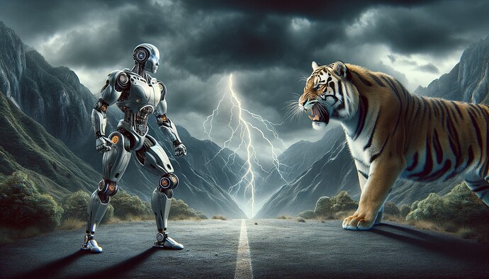A humanoid robot and a roaring tiger face off on a deserted mountain road under a stormy sky with lightning striking in the background. (Captioned by AI)