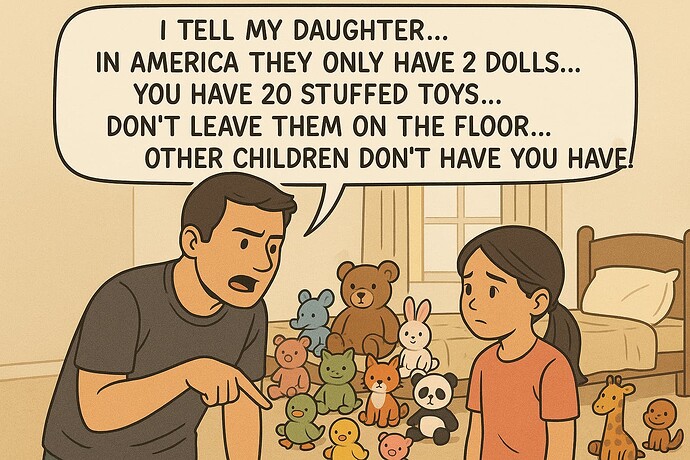 A father is scolding his daughter about being grateful for her many stuffed toys while she looks down sadly, surrounded by them in her room. (Captioned by AI)