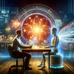 A human and a robot with glowing wings sit across from each other at a table, surrounded by a futuristic, holographic scientific interface. (Captioned by AI)