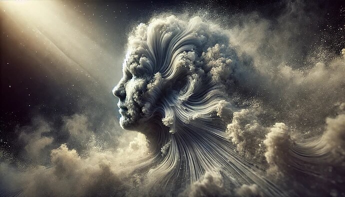 A surreal cloud formation resembles a human face, intricately crafted into a flowing, ethereal figure under a beam of light. (Captioned by AI)