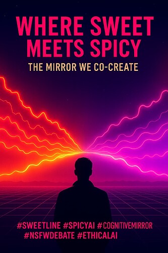 A silhouetted person stands facing a vibrant, neon-colored landscape split by sweet and spicy energy waves, with bold text above and trending hashtags below. (Captioned by AI)