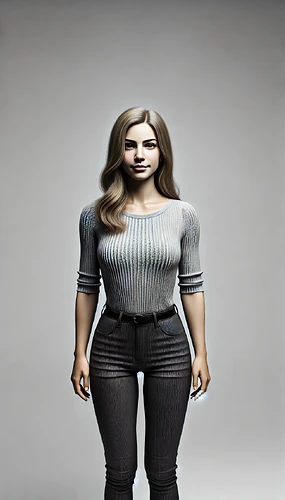 A digitally rendered woman with long hair, wearing a fitted grey top and dark pants, stands facing forward against a plain background. (Captioned by AI)