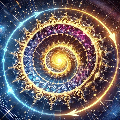 A vibrant, intricate spiral design combines elements of light, patterns, and colors in a cosmic arrangement. (Captioned by AI)