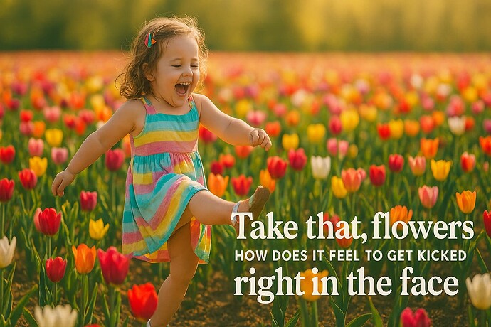 A child in a colorful dress playfully runs through a vibrant field of tulips, with a humorous caption about kicking flowers. (Captioned by AI)