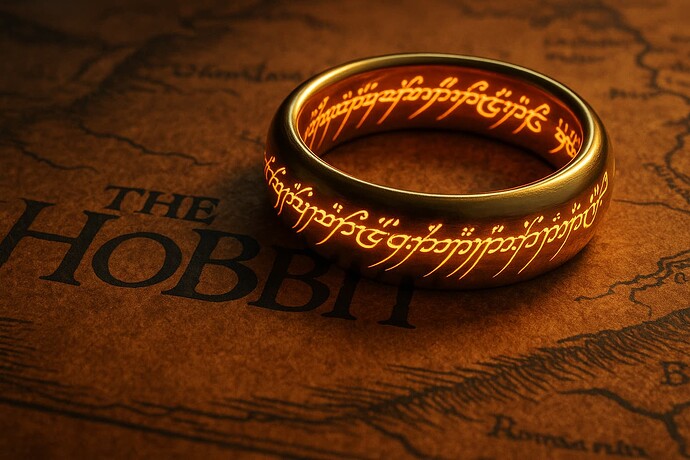 A glowing One Ring with Elvish inscription rests on a map labeled "The Hobbit." (Captioned by AI)