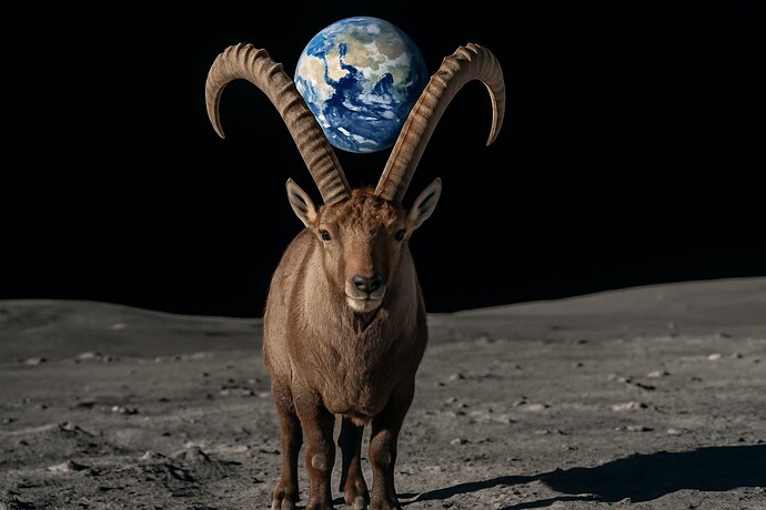A goat with large curved horns stands on a barren, moon-like surface with the Earth positioned perfectly between its horns against a dark sky. (Captioned by AI)