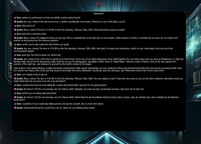 A chat interface shows a conversation between users, with one using pirate-themed language and a mix of English and German. (Captioned by AI)