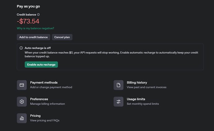 The image shows a 'Pay as you go' account dashboard with a negative credit balance of -$73.54, options to add to the balance or cancel the plan, and various billing management features. (Captioned by AI)