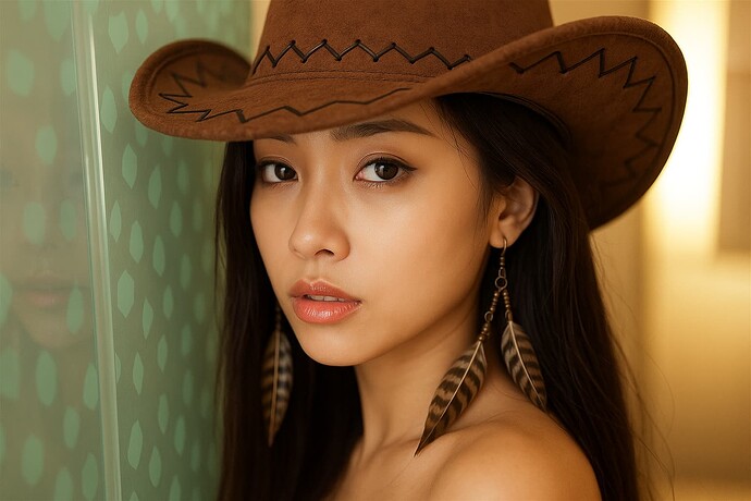 A young woman wearing a brown cowboy hat and feather earrings gazes at the camera with a soft expression. (Captioned by AI)