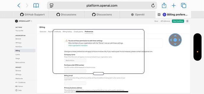 The image shows the billing preferences page of an OpenAI platform account, where a message indicates that the user does not have permission to edit the settings. (Captioned by AI)