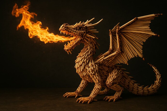 A dragon sculpture made entirely of matchsticks is breathing fire against a dark background. (Captioned by AI)