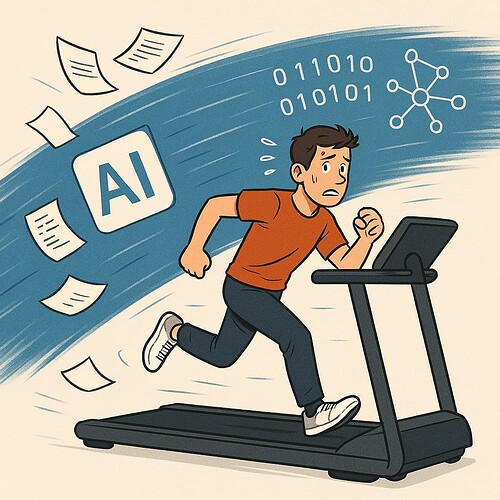 A man is running on a treadmill surrounded by symbols of AI and binary code, appearing overwhelmed by technology. (Captioned by AI)