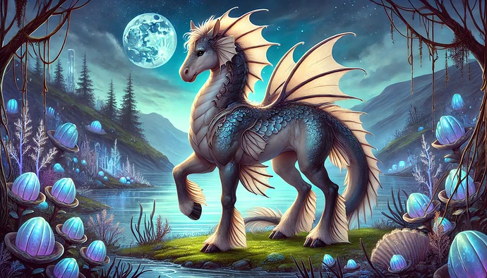 A mythical creature with dragon-like wings and horse features stands beside a glowing lake under a full moon in a mystical forest. (Captioned by AI)