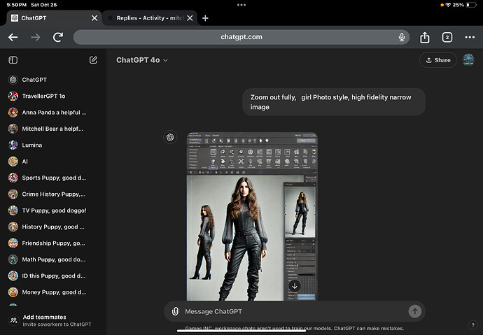 A tablet screen displays an editing software interface with an image of a woman posing in a textured outfit, accompanied by a text input asking for a high fidelity, narrow image of the girl. (Captioned by AI)