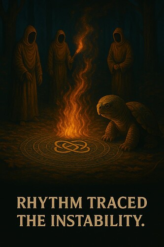 Three hooded figures and a turtle gather around a glowing campfire with an intricate pattern in a dark forest, accompanied by the phrase 'Rhythm traced the instability.' (Captioned by AI)
