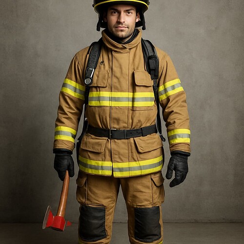 A firefighter in full gear is standing against a plain background while holding an axe. (Captioned by AI)