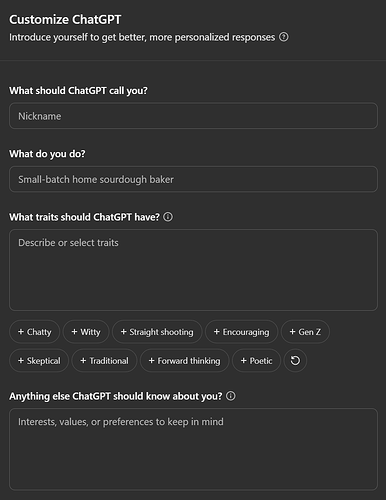 The image shows a customization screen for ChatGPT with sections for selecting a nickname, describing a profession, choosing character traits, and providing additional personal information. (Captioned by AI)