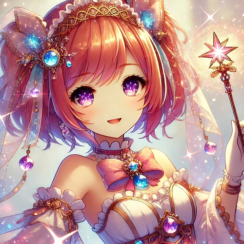 A vibrant anime-style character with sparkling eyes, adorned in a jeweled headpiece and holding a magical staff. (Captioned by AI)