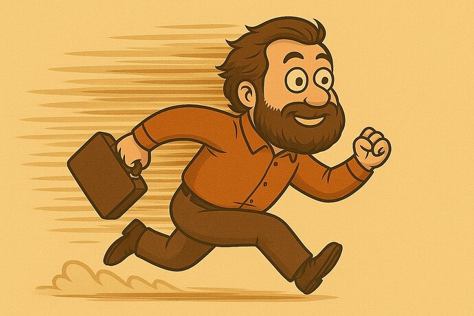 A cartoon man with a beard is happily running with a briefcase in hand, appearing to be in a hurry. (Captioned by AI)