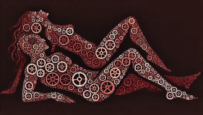 This artwork depicts two intertwined human figures composed of interconnected gears in varying shades of red and brown. (Captioned by AI)