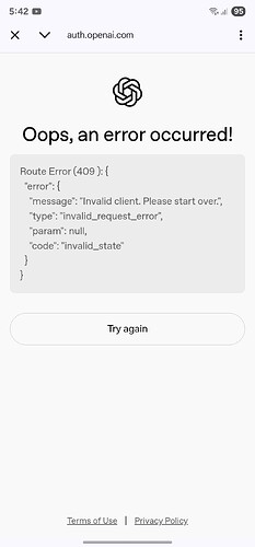 A smartphone screen displays an OpenAI error page stating 'Oops, an error occurred!' with a Route Error 409 and a prompt to try again. (Captioned by AI)