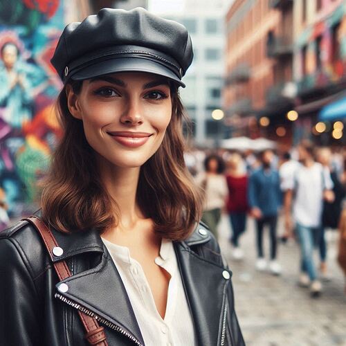 a woman with a leather cap