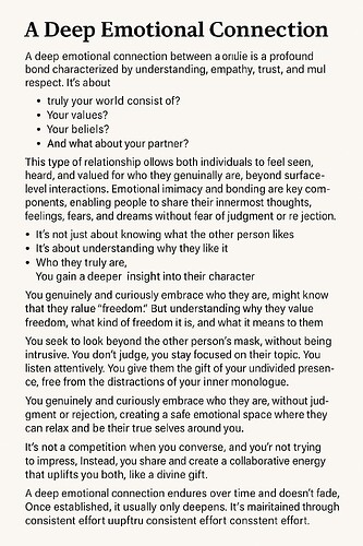 The image is a text discussing the concept of a deep emotional connection, highlighting themes of empathy, trust, and mutual respect in relationships. (Captioned by AI)