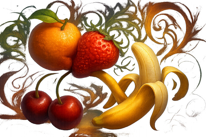 A surreal painting features a combination of various fruits, including an orange, strawberry, cherries, and a peeled banana, set against a background of swirling, abstract patterns. (Captioned by AI)