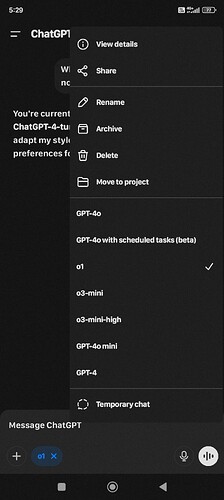 A smartphone screen displays a menu for managing and renaming projects within a chat application, offering various options like "GPT-4o" and "o1." (Captioned by AI)