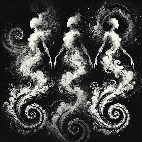 Three ethereal, swirling figures appear to be dancing gracefully in a mystical, dark background. (Captioned by AI)