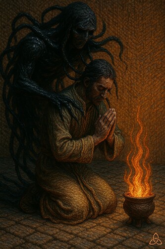 A man kneels in prayer before a pot with rising flames while a dark, shadowy figure looms ominously behind him. (Captioned by AI)