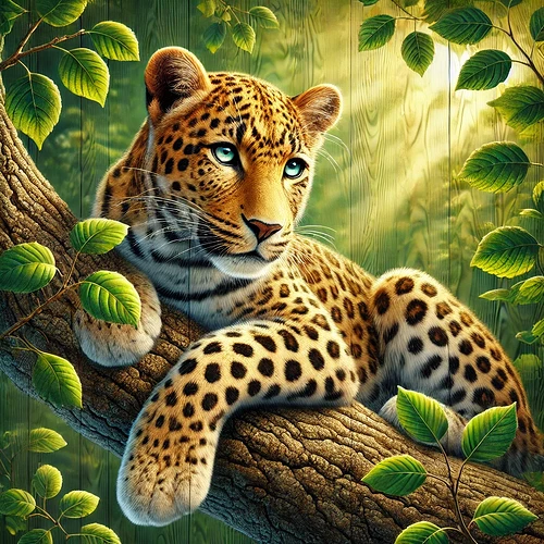 A leopard with striking blue eyes lounges on a tree branch, surrounded by lush green leaves in a sunlit environment. (Captioned by AI)