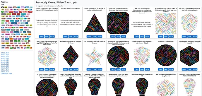A webpage displays a grid of previously viewed video transcripts with colorful word clouds in various shapes, along with tags and archive links on the left side. (Captioned by AI)