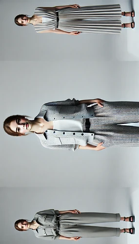 Three women are modeling elegant, neutral-toned outfits against a minimalist background. (Captioned by AI)