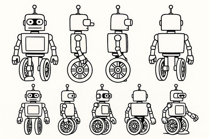 A set of line drawings shows a robot with wheels for legs from multiple angles and perspectives. (Captioned by AI)