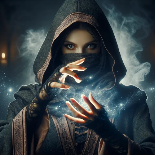DALL·E 2025-01-07 15.10.36 - A mysterious mage casting a spell in a dark and mystical setting, inspired by Dungeons and Dragons. She is wearing a hood and a scarf fully covering h